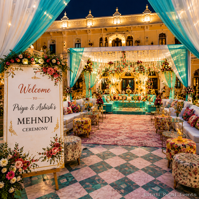 Priya and Ashish Mehndi Ceremony with elegant floral decoration in Rajasthan